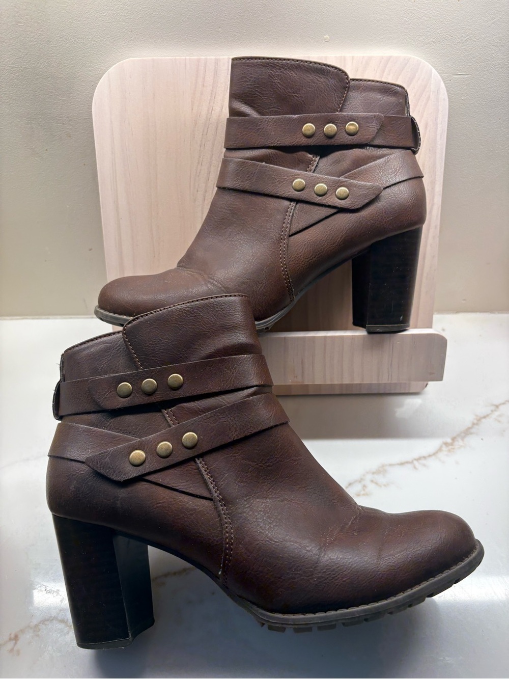 Jaclyn Smith Brown Heeled Ankle Booties with Studded Wrap Straps